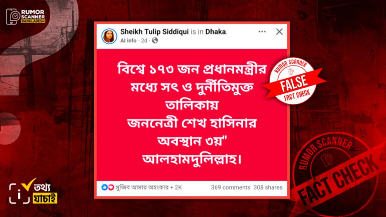 শেখ হাসিনা বিশ্বে সৎ ও দুর্নীতিমুক্ত প্রধানমন্ত্রী হিসেবে ৩য় অবস্থানে থাকার দাবি ভুয়া