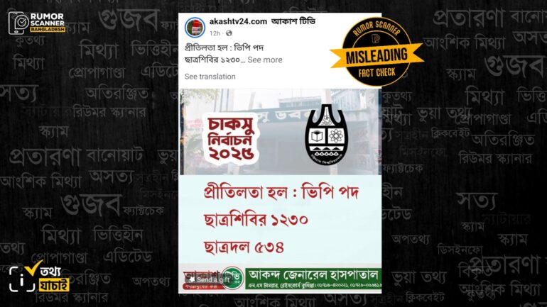 চাকসু নির্বাচনে প্রীতিলতা হলে শিবির-ছাত্রদলের ভিপি প্রার্থীদের প্রাপ্ত ভোট সংখ্যা নিয়ে ভুল তথ্য প্রচার 